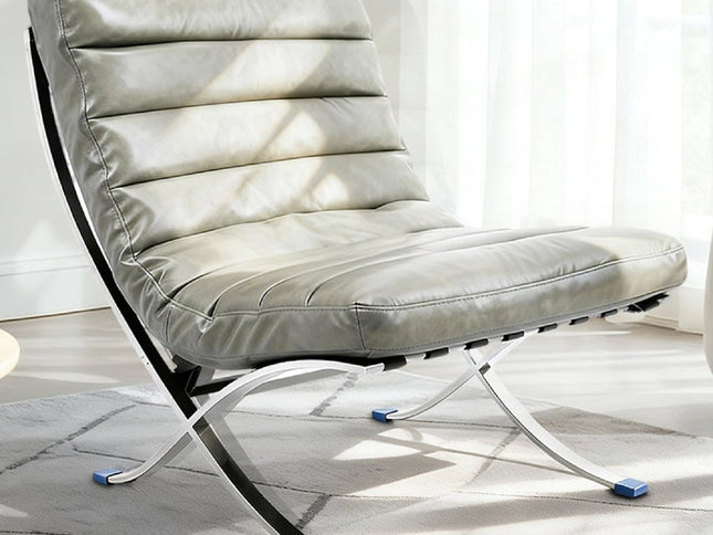 29" Gray and Silver Tufted Leather and Upholstered Folding Lounge Chair