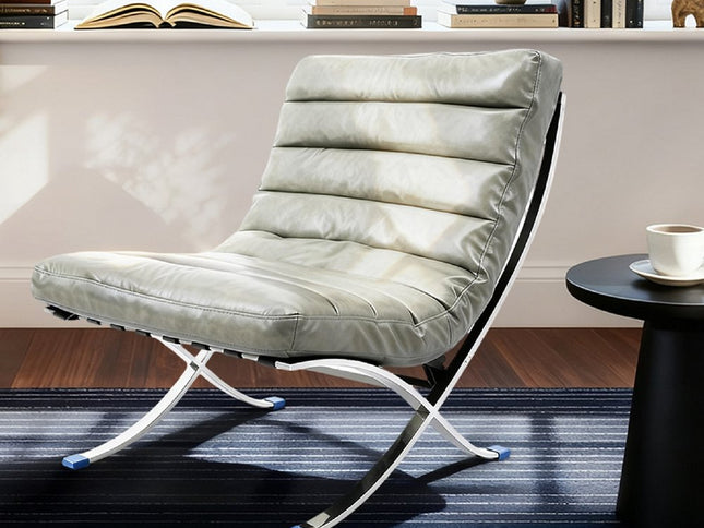 29" Gray and Silver Tufted Leather and Upholstered Folding Lounge Chair