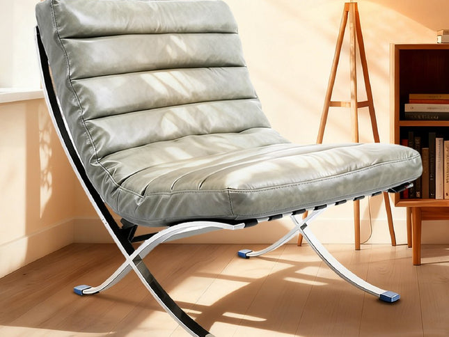 29" Gray and Silver Tufted Leather and Upholstered Folding Lounge Chair