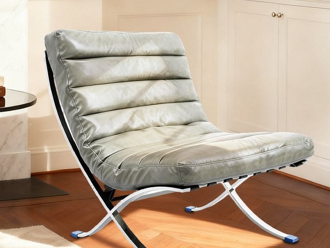 29" Gray and Silver Tufted Leather and Upholstered Folding Lounge Chair