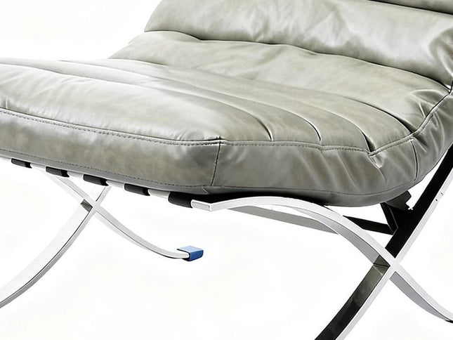 29" Gray and Silver Tufted Leather and Upholstered Folding Lounge Chair