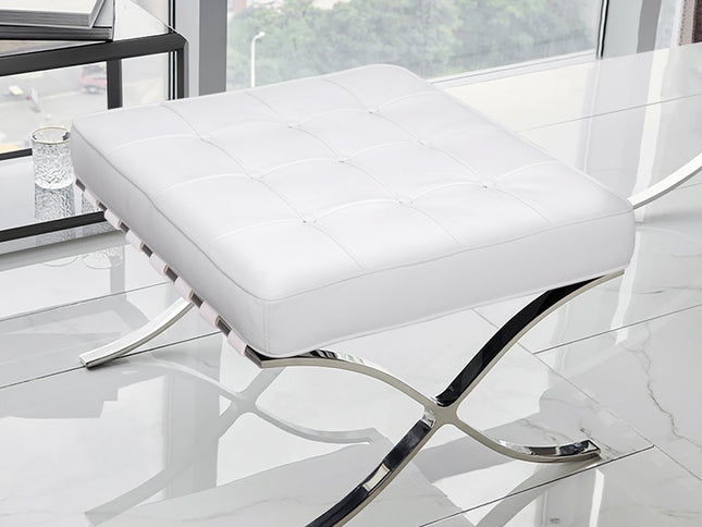 20" White and Silver Leather Tufted Ottoman