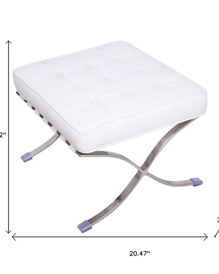 20" White and Silver Leather Tufted Ottoman