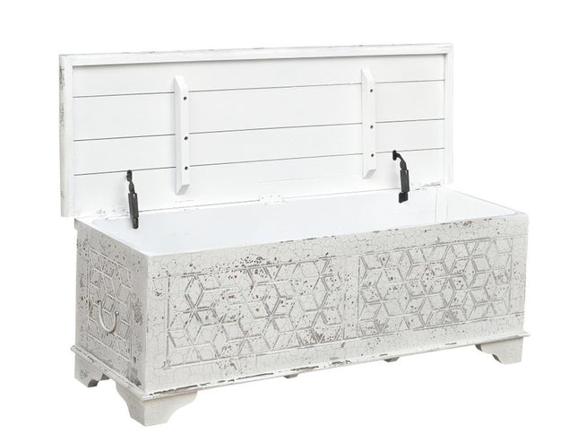 52" White Rustic Solid Wood Geometric Storage Ottoman