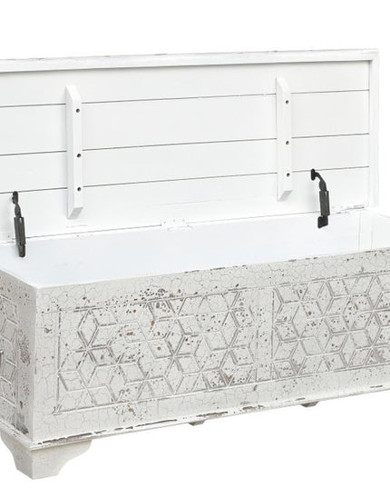 52" White Rustic Solid Wood Geometric Storage Ottoman