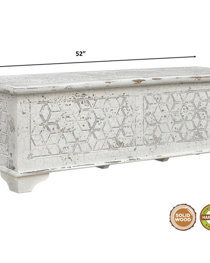 52" White Rustic Solid Wood Geometric Storage Ottoman