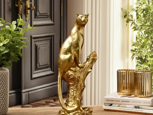 13" Bronze Resin Leopard Hand Painted Tabletop Sculpture