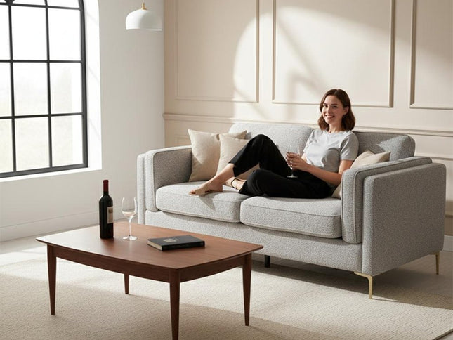 77" Beige Fabric Solid Wood Sofa