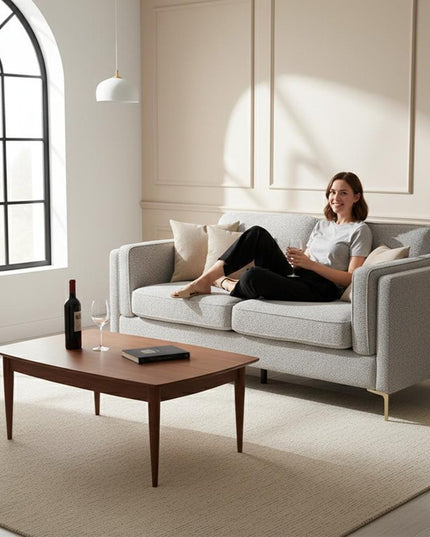 77" Beige Fabric Solid Wood Sofa