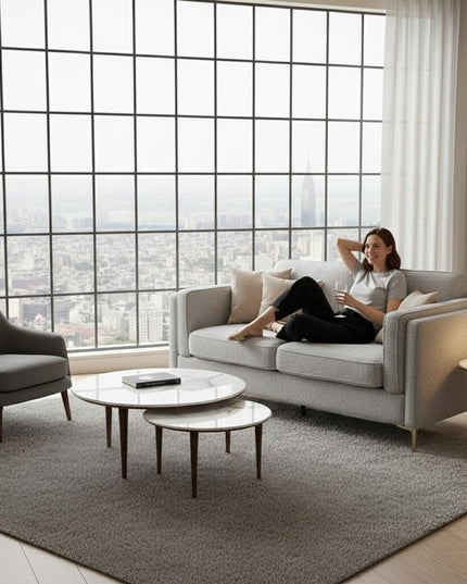 77" Beige Fabric Solid Wood Sofa