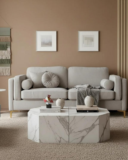 77" Beige Fabric Solid Wood Sofa