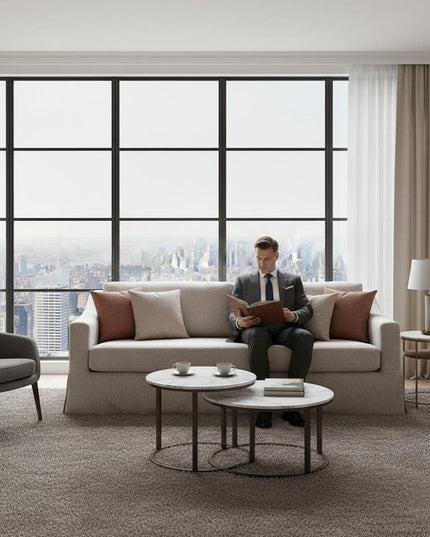 85" Beige Fabric Solid Wood Sofa