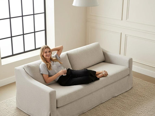 85" Beige Fabric Solid Wood Sofa