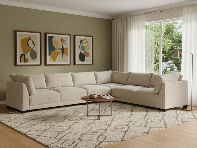 Beige Canvas Reclining L Shaped Four Piece Sofa and Chaise Sectional With Toss Pillows