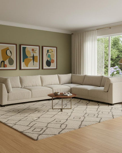 Beige Canvas Reclining L Shaped Four Piece Sofa and Chaise Sectional With Toss Pillows