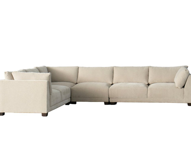 Beige Canvas Reclining L Shaped Four Piece Sofa and Chaise Sectional With Toss Pillows
