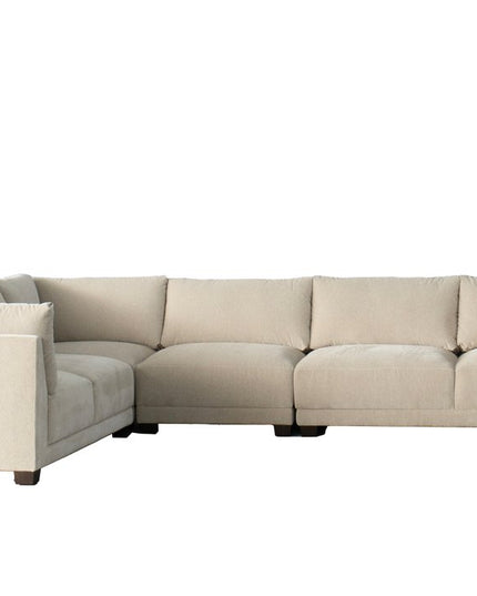 Beige Canvas Reclining L Shaped Four Piece Sofa and Chaise Sectional With Toss Pillows