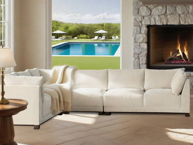 Beige Canvas Reclining L Shaped Four Piece Sofa and Chaise Sectional With Toss Pillows