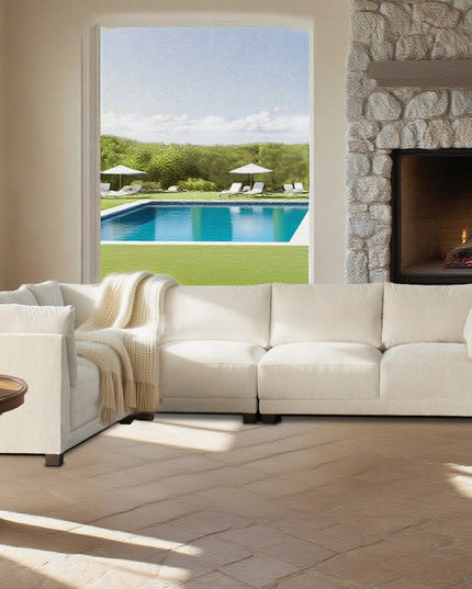 Beige Canvas Reclining L Shaped Four Piece Sofa and Chaise Sectional With Toss Pillows