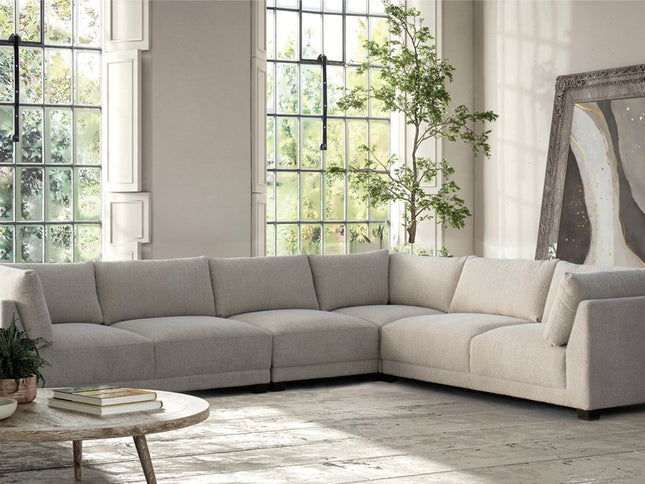Beige Canvas Reclining L Shaped Four Piece Sofa and Chaise Sectional With Toss Pillows