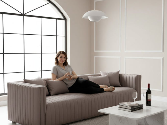 98" Light Brown Fabric Solid Wood Sofa