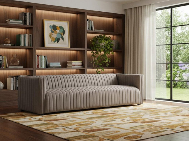 98" Light Brown Fabric Solid Wood Sofa