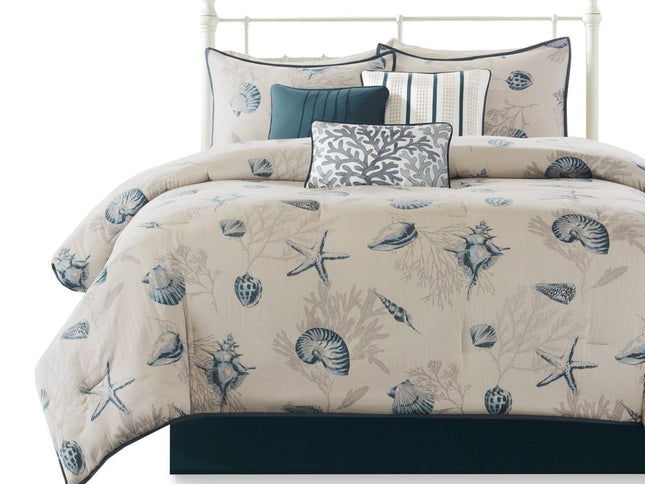 Set of Seven Blue And Ivory King Ring Stitch Sham And Comforter