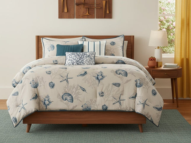 Set of Seven Blue And Ivory King Ring Stitch Sham And Comforter