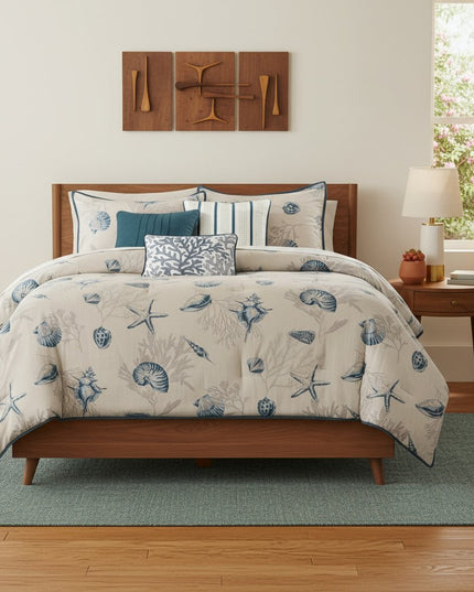 Set of Seven Blue And Ivory King Ring Stitch Sham And Comforter