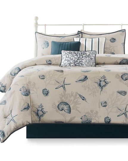 Set of Seven Blue And Ivory Shells and Starfish King Ring Stitch Comforter And Sham