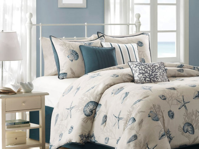 Set of Seven Blue And Ivory Shells and Starfish King Ring Stitch Comforter And Sham