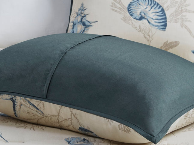 Set of Seven Blue And Ivory Shells and Starfish King Ring Stitch Comforter And Sham