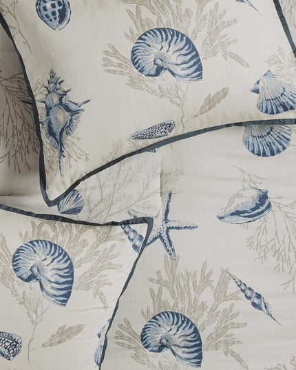 Set of Seven Blue And Ivory Shells and Starfish King Ring Stitch Comforter And Sham
