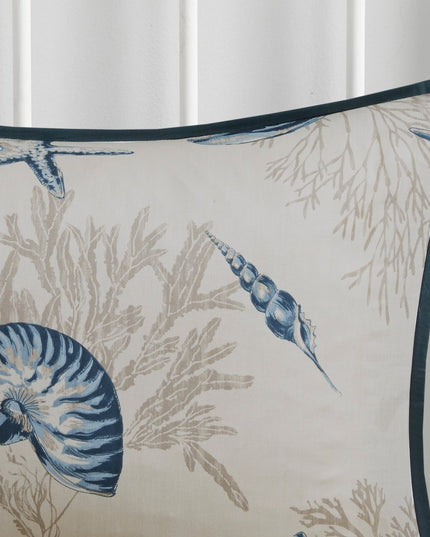 Set of Seven Blue And Ivory Shells and Starfish King Ring Stitch Comforter And Sham