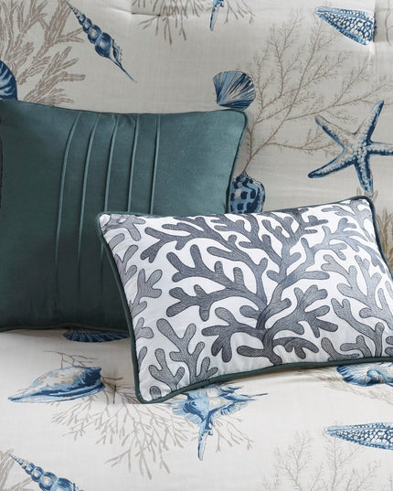 Set of Seven Blue And Ivory Shells and Starfish King Ring Stitch Comforter And Sham