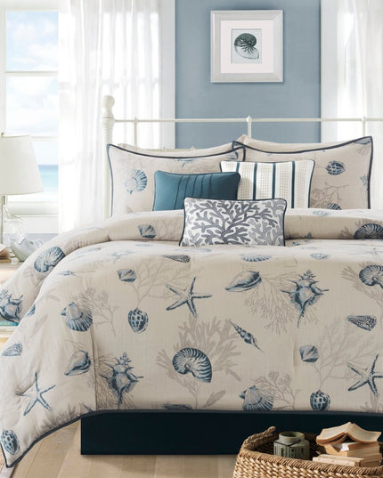 Set of Seven Blue And Ivory Queen Ring Stitch Sham And Comforter