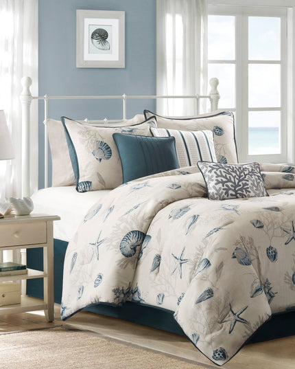 Set of Seven Blue And Ivory Queen Ring Stitch Sham And Comforter