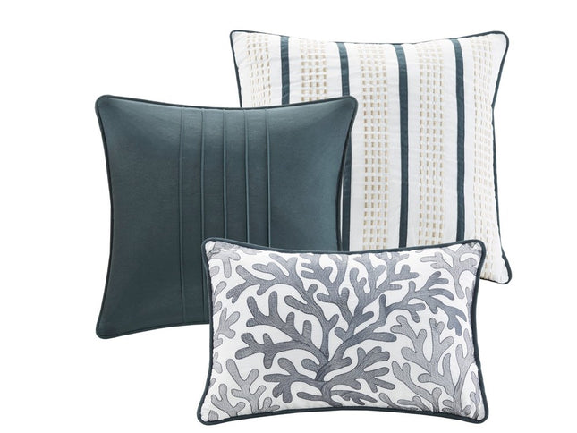 Set of Seven Blue And Ivory Queen Ring Stitch Sham And Comforter