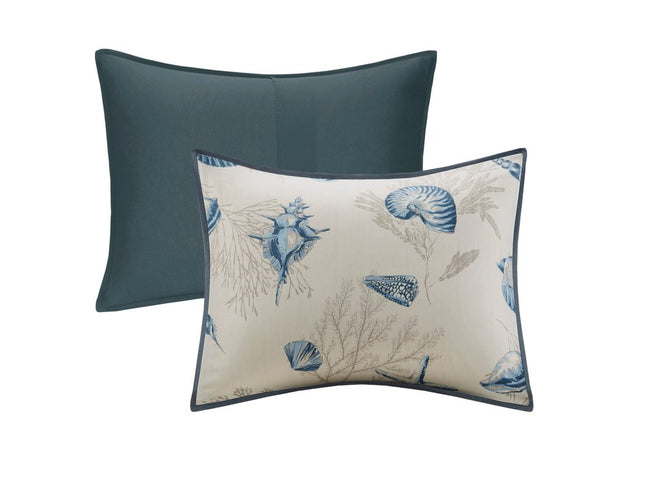 Set of Seven Blue And Ivory Queen Ring Stitch Sham And Comforter