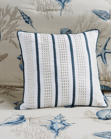 Set of Seven Blue And Ivory Queen Ring Stitch Sham And Comforter