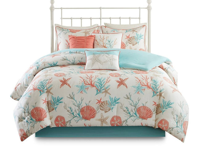 Set of Seven Aqua And Coral King Ring Stitch Sham And Comforter