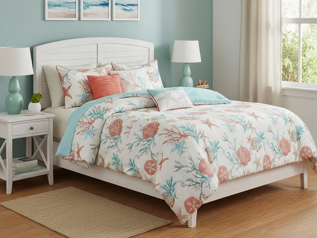 Set of Seven Aqua And Coral King Ring Stitch Sham And Comforter