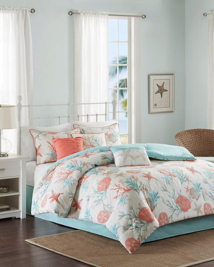Set of Seven Aqua And Coral King Ring Stitch Sham And Comforter