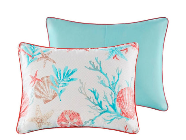 Set of Seven Aqua And Coral King Ring Stitch Sham And Comforter