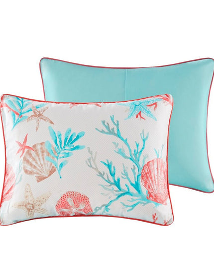 Set of Seven Aqua And Coral King Ring Stitch Sham And Comforter