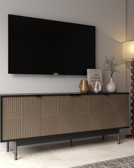 65" Beige And Black Wood Carved Geo Texture Enclosed Storage TV Stand