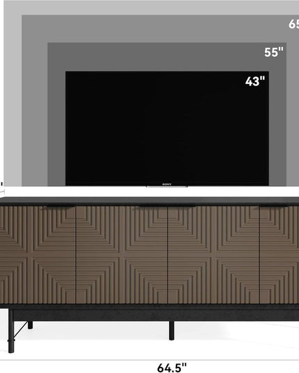 65" Beige And Black Wood Carved Geo Texture Enclosed Storage TV Stand