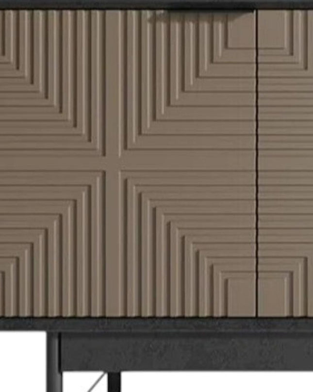 65" Beige And Black Wood Carved Geo Texture Enclosed Storage TV Stand