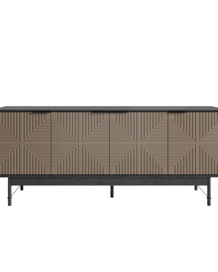 65" Beige And Black Wood Carved Geo Texture Enclosed Storage TV Stand