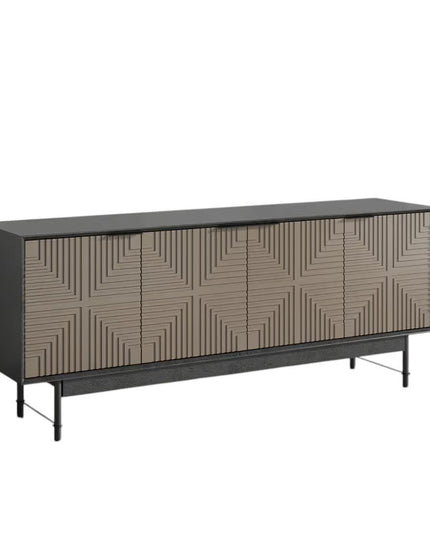 65" Beige And Black Wood Carved Geo Texture Enclosed Storage TV Stand